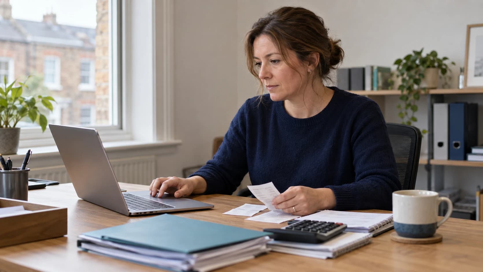 A small business owner entering records on a laptop, with receipts and folders on the desk