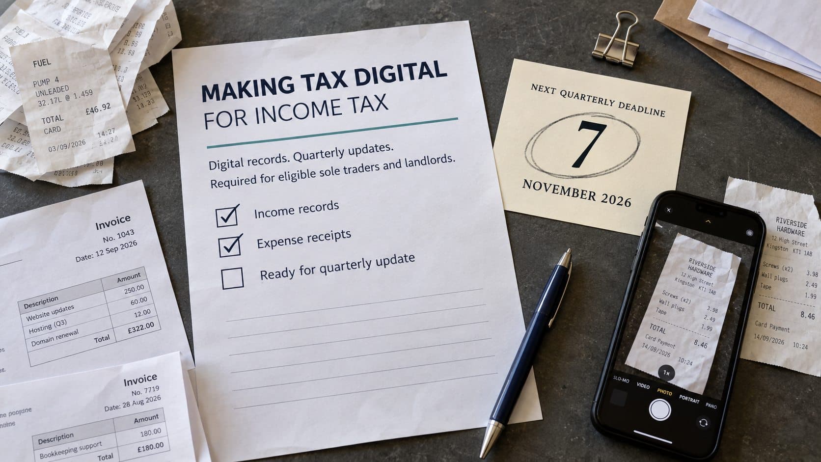A desk with receipts, invoices and a Making Tax Digital checklist, and a note marking the next quarterly deadline: 7 November 2026